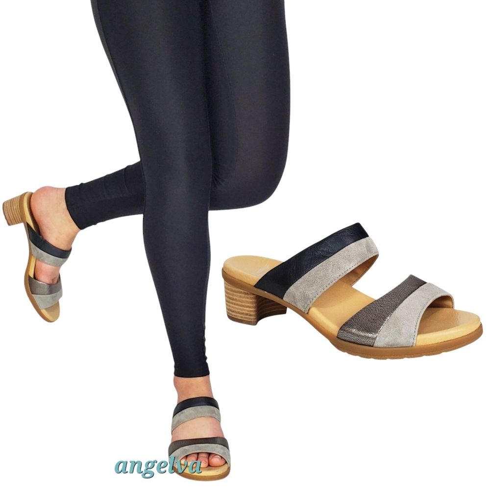 New Dansko Theresa leather block heel slip on sandals black double straps comfy